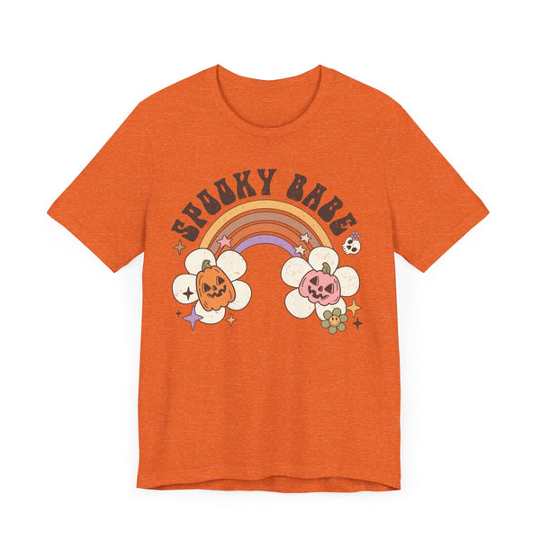 Spooky Babe Halloween Shirt - Retro Rainbow and Pumpkins Graphic Tee