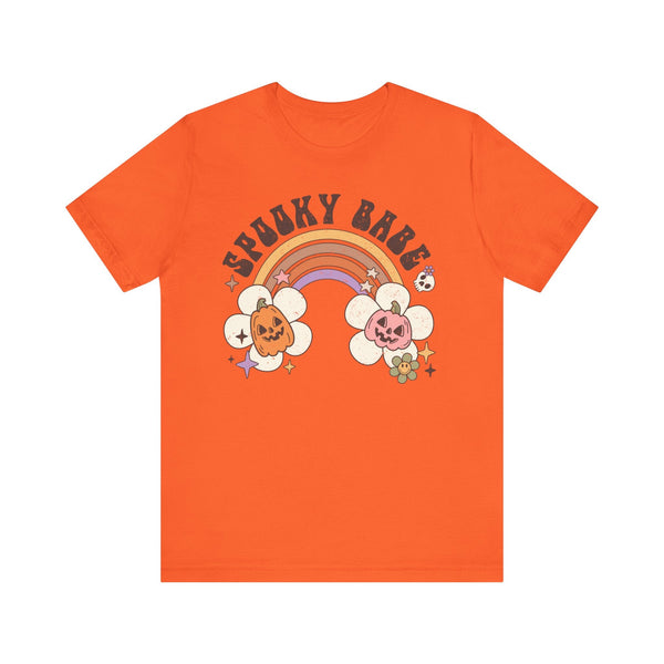 Spooky Babe Halloween Shirt - Retro Rainbow and Pumpkins Graphic Tee