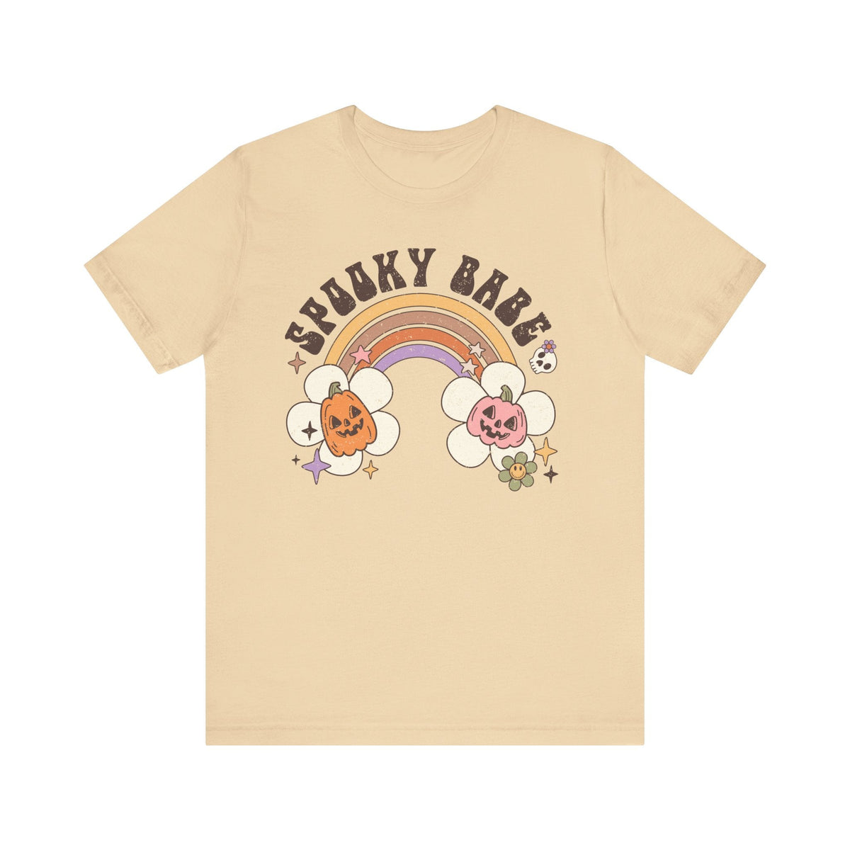 Spooky Babe Halloween Shirt - Retro Rainbow and Pumpkins Graphic Tee