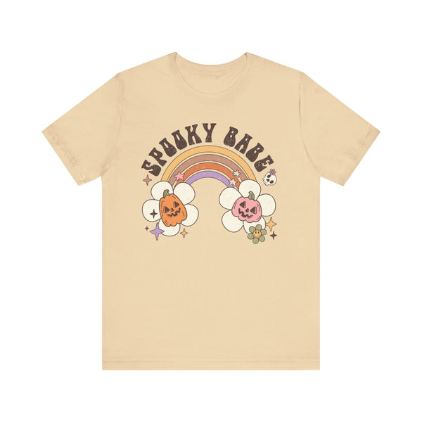 Spooky Babe Halloween Shirt - Retro Rainbow and Pumpkins Graphic Tee