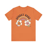 Spooky Babe Halloween Shirt - Retro Rainbow and Pumpkins Graphic Tee