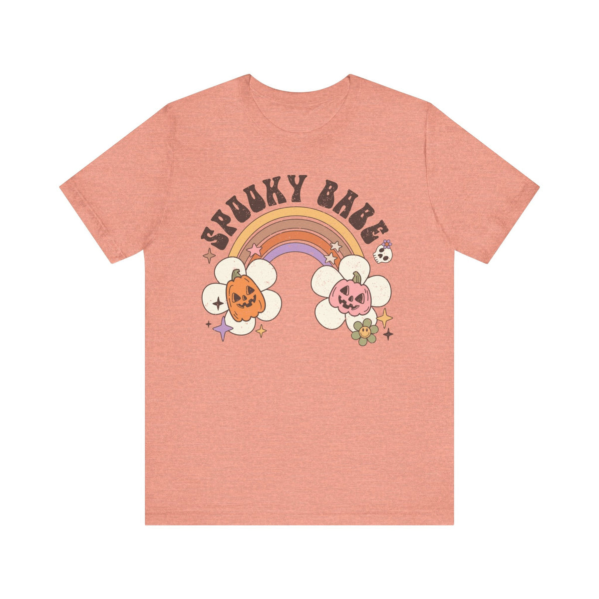 Spooky Babe Halloween Shirt - Retro Rainbow and Pumpkins Graphic Tee