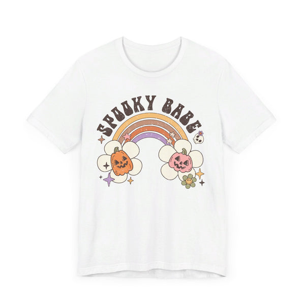 Spooky Babe Halloween Shirt - Retro Rainbow and Pumpkins Graphic Tee