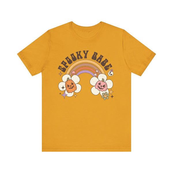 Spooky Babe Halloween Shirt - Retro Rainbow and Pumpkins Graphic Tee