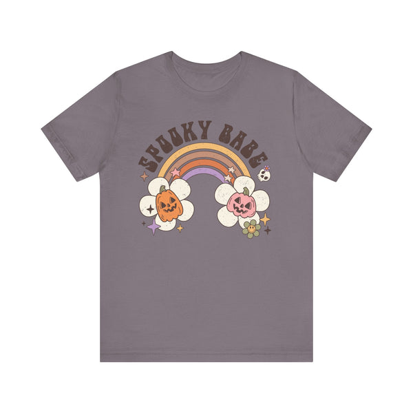 Spooky Babe Halloween Shirt - Retro Rainbow and Pumpkins Graphic Tee