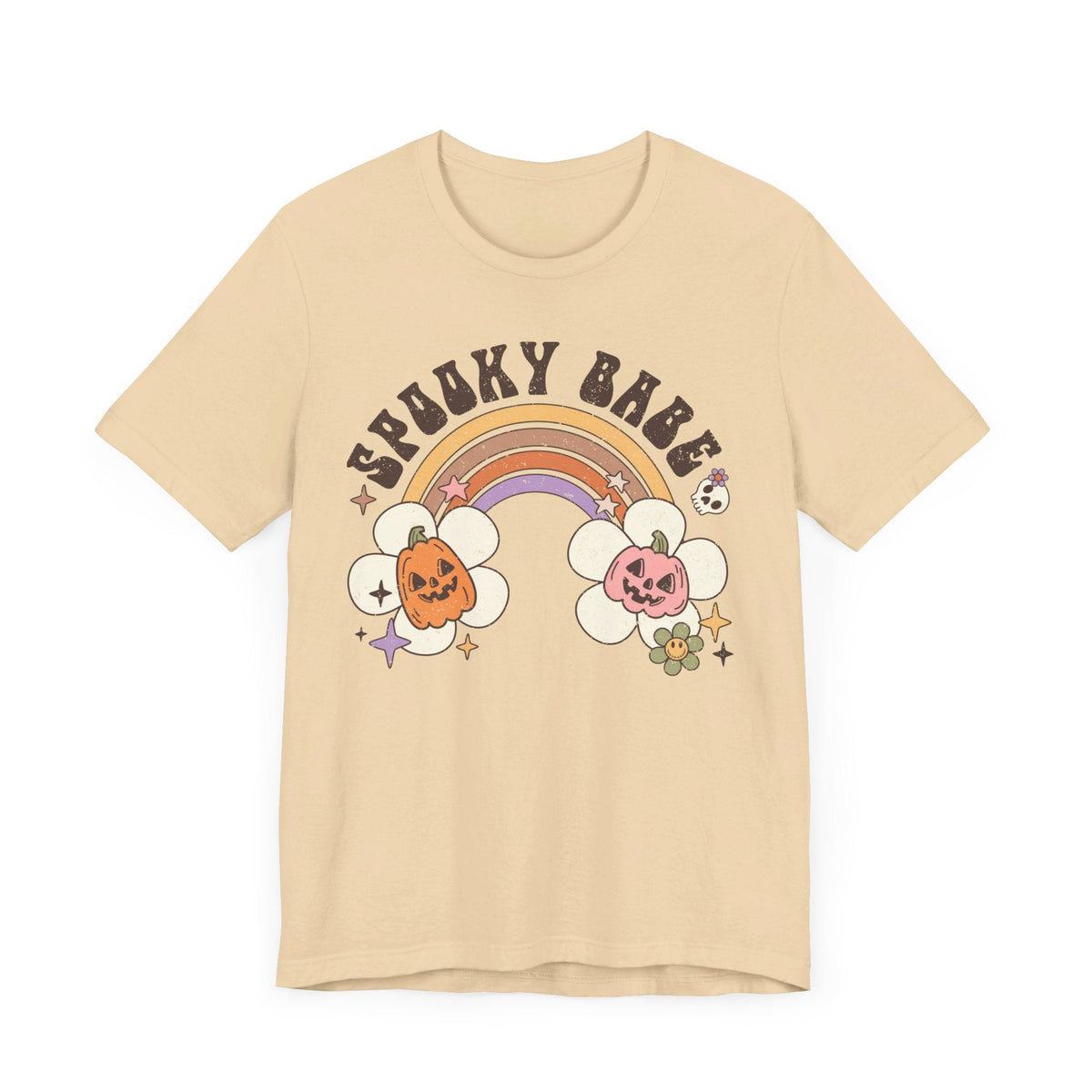 Spooky Babe Halloween Shirt - Retro Rainbow and Pumpkins Graphic Tee