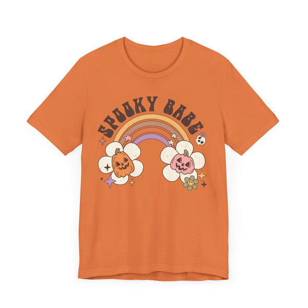 Spooky Babe Halloween Shirt - Retro Rainbow and Pumpkins Graphic Tee