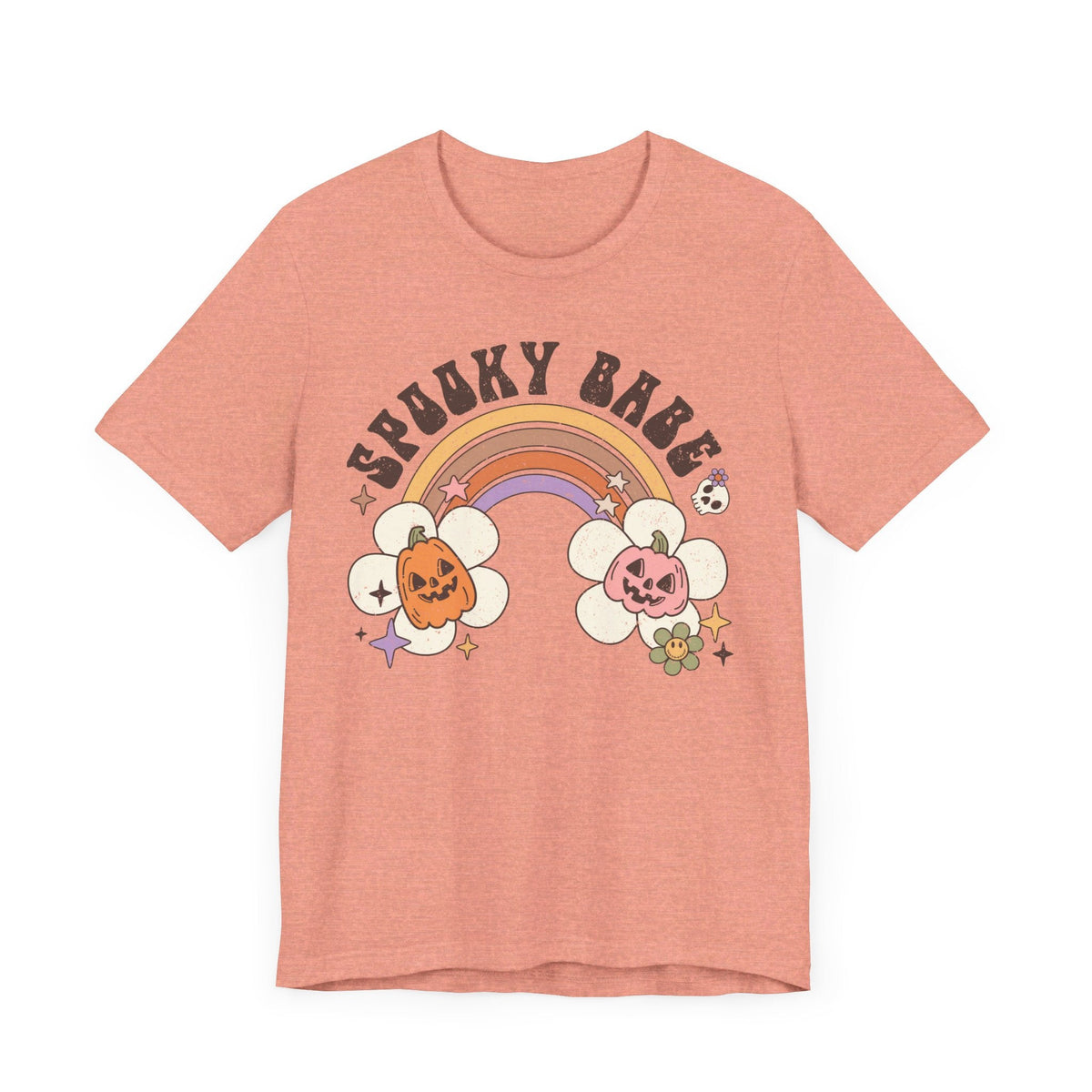 Spooky Babe Halloween Shirt - Retro Rainbow and Pumpkins Graphic Tee