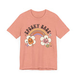 Spooky Babe Halloween Shirt - Retro Rainbow and Pumpkins Graphic Tee