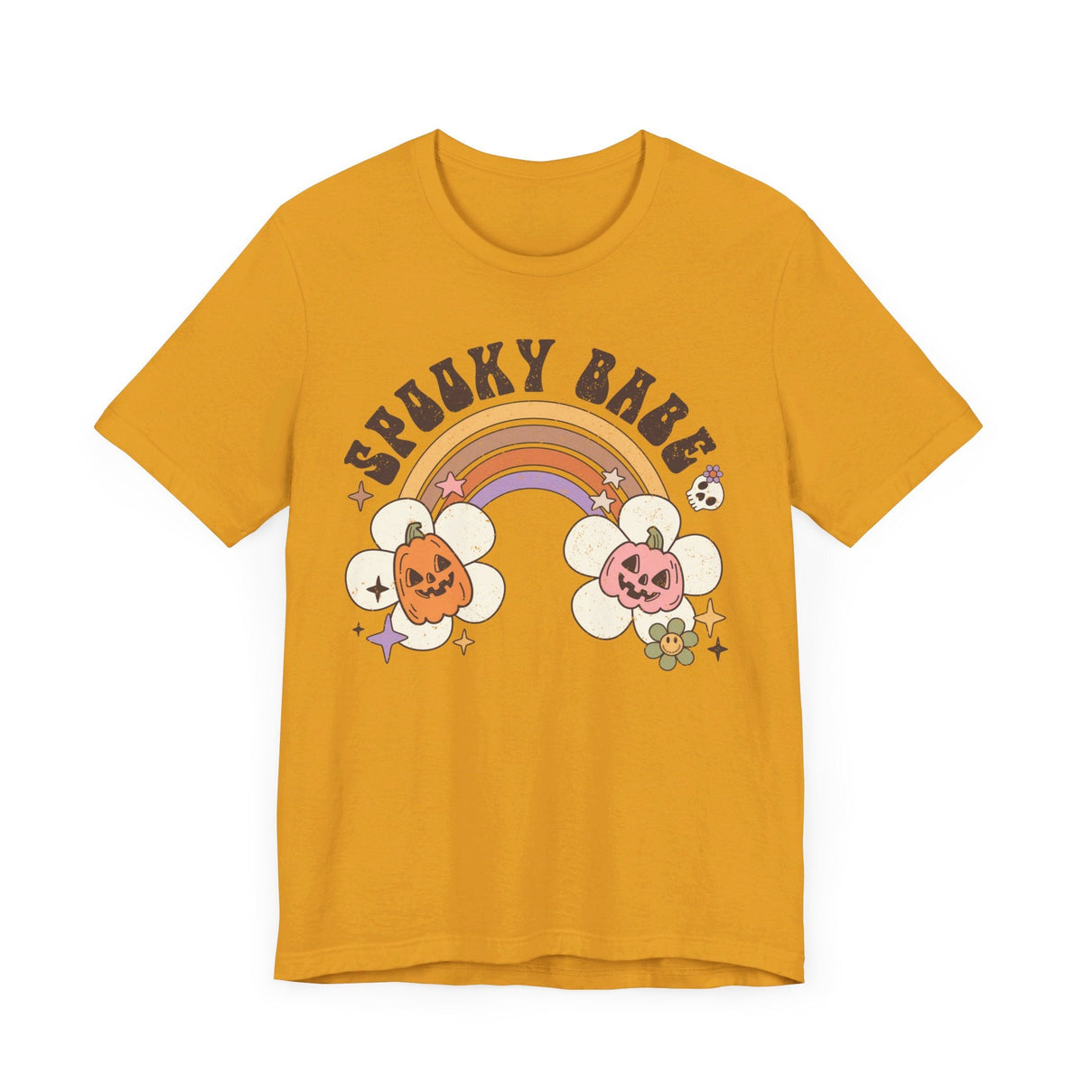 Spooky Babe Halloween Shirt - Retro Rainbow and Pumpkins Graphic Tee