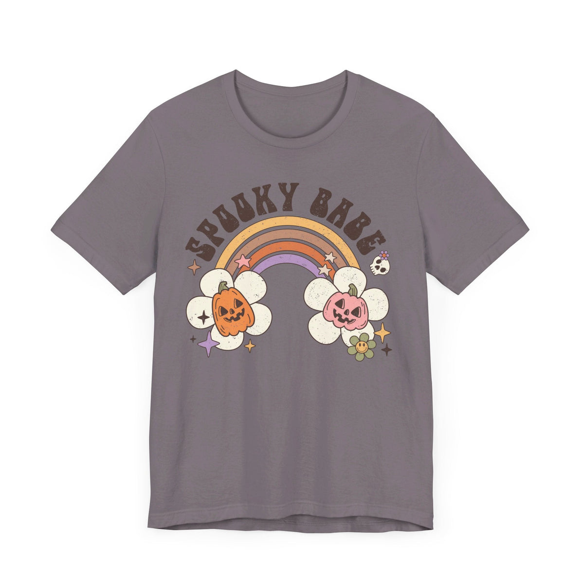 Spooky Babe Halloween Shirt - Retro Rainbow and Pumpkins Graphic Tee