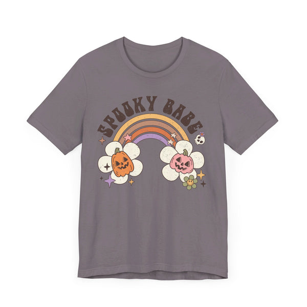 Spooky Babe Halloween Shirt - Retro Rainbow and Pumpkins Graphic Tee