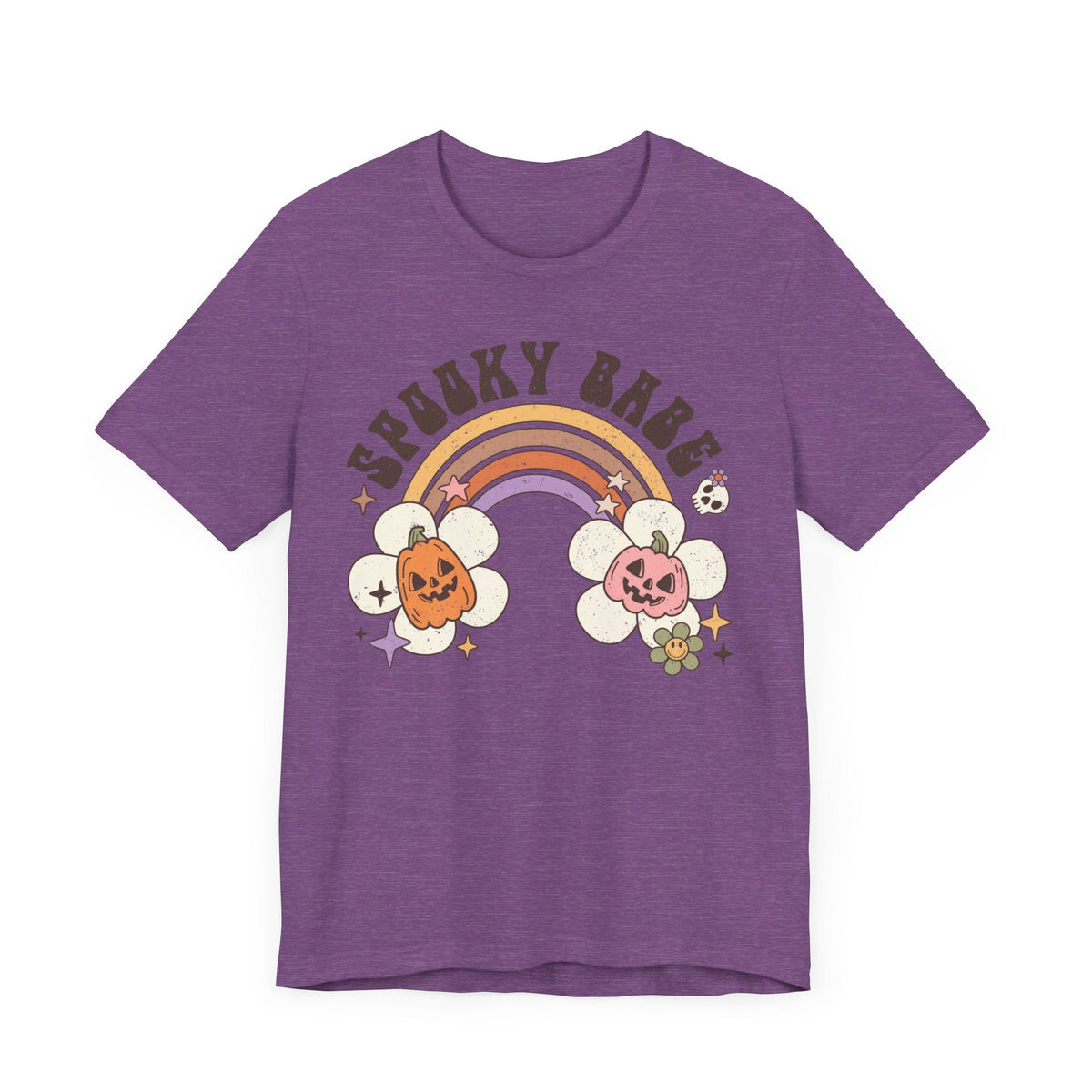 Spooky Babe Halloween Shirt - Retro Rainbow and Pumpkins Graphic Tee