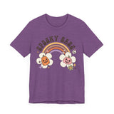 Spooky Babe Halloween Shirt - Retro Rainbow and Pumpkins Graphic Tee