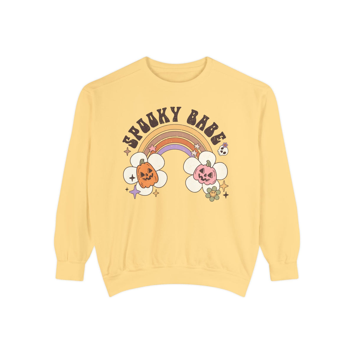 Spooky Babe Halloween Sweatshirt - Retro Rainbow and Pumpkins Graphic Sweater