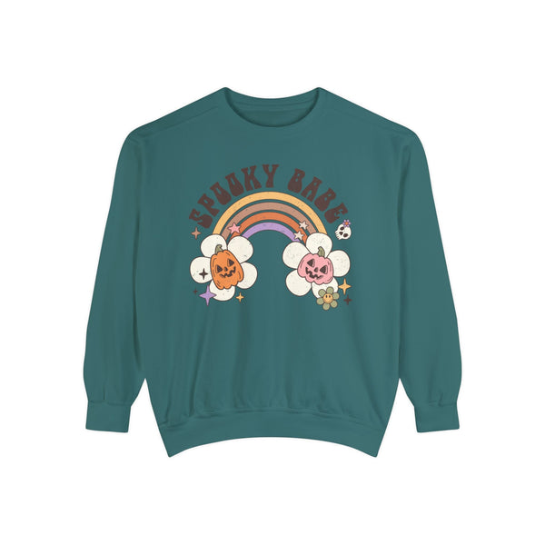 Spooky Babe Halloween Sweatshirt - Retro Rainbow and Pumpkins Graphic Sweater