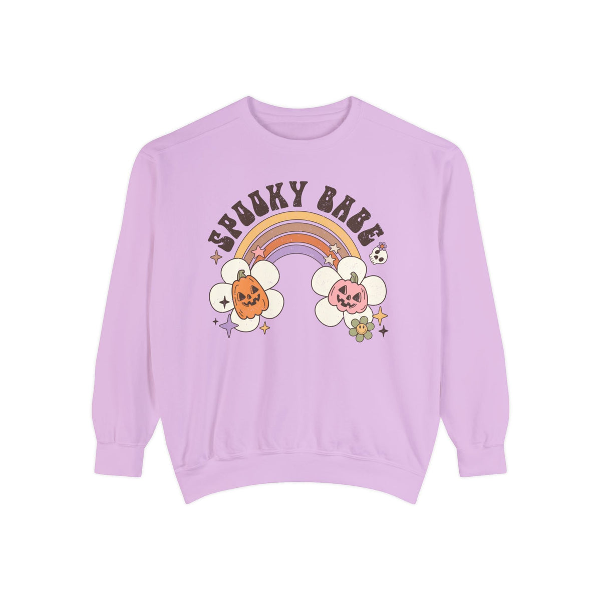 Spooky Babe Halloween Sweatshirt - Retro Rainbow and Pumpkins Graphic Sweater