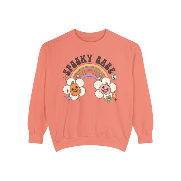 Spooky Babe Halloween Sweatshirt - Retro Rainbow and Pumpkins Graphic Sweater