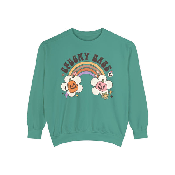 Spooky Babe Halloween Sweatshirt - Retro Rainbow and Pumpkins Graphic Sweater