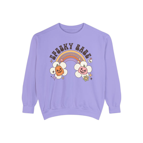 Spooky Babe Halloween Sweatshirt - Retro Rainbow and Pumpkins Graphic Sweater