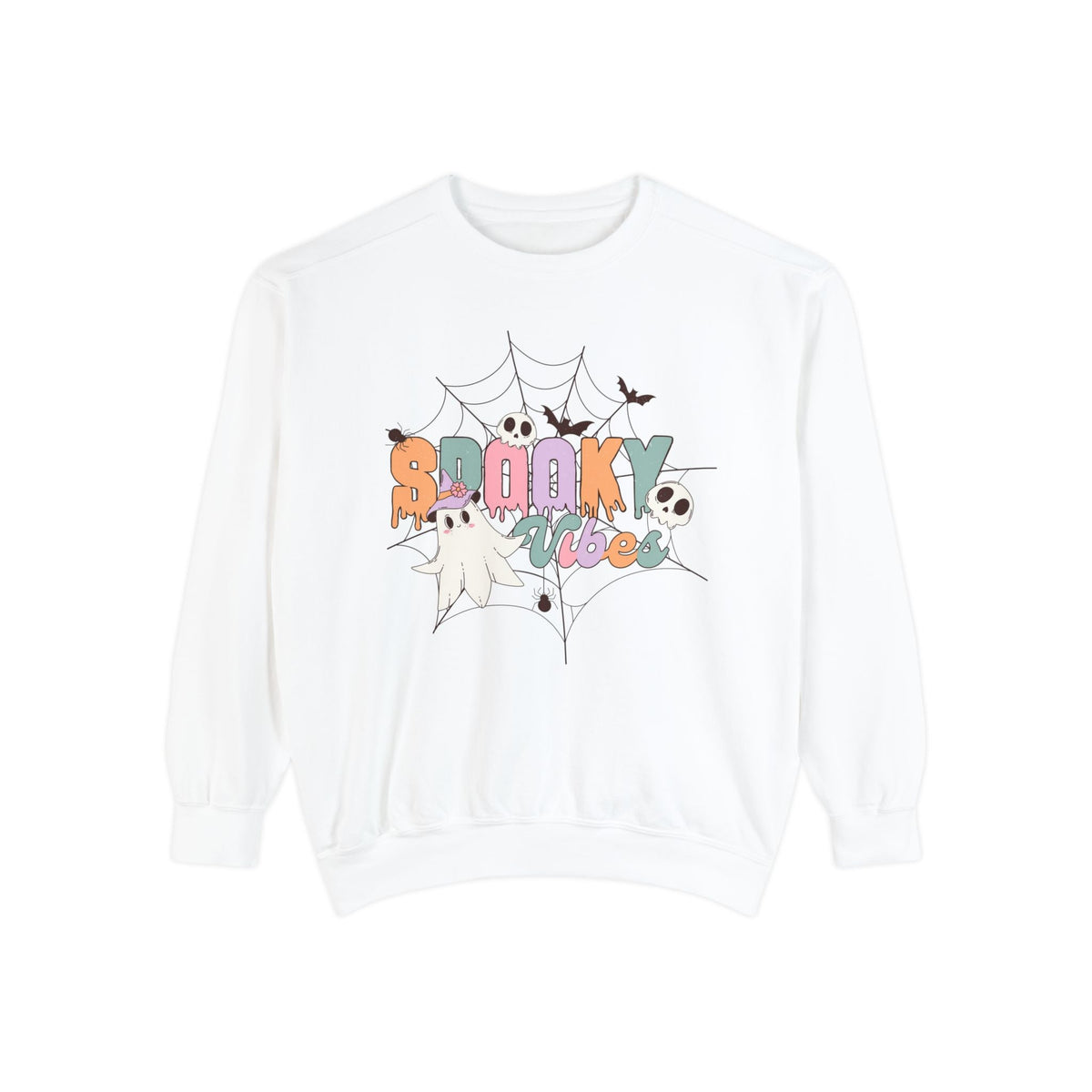 Spooky Vibes Halloween Sweatshirt - Cute Ghost and Skull Web Graphic Sweater