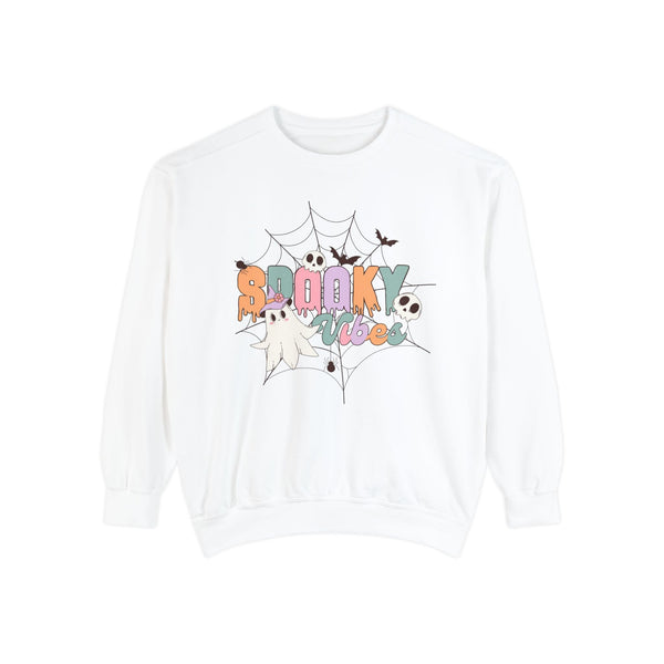 Spooky Vibes Halloween Sweatshirt - Cute Ghost and Skull Web Graphic Sweater