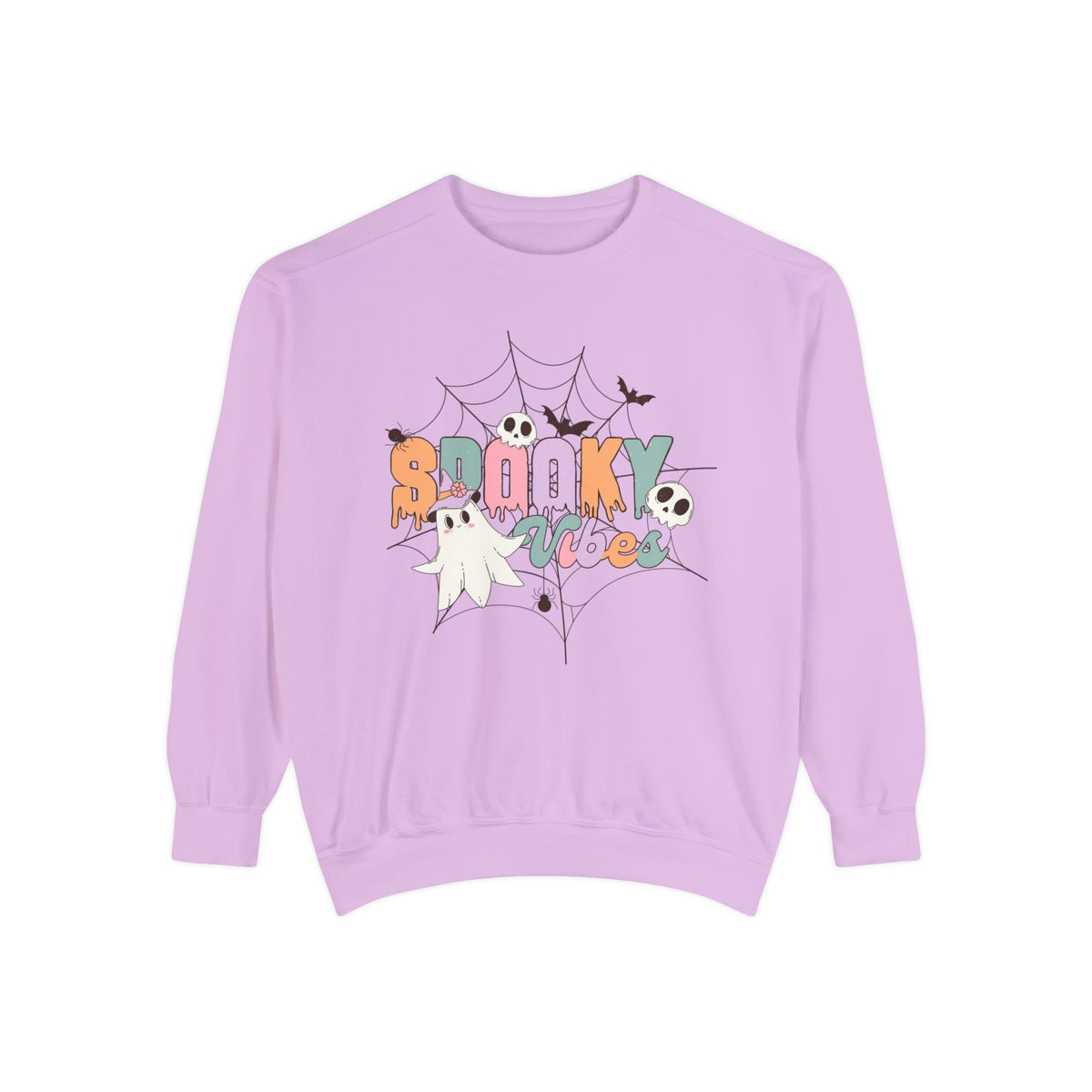 Spooky Vibes Halloween Sweatshirt - Cute Ghost and Skull Web Graphic Sweater