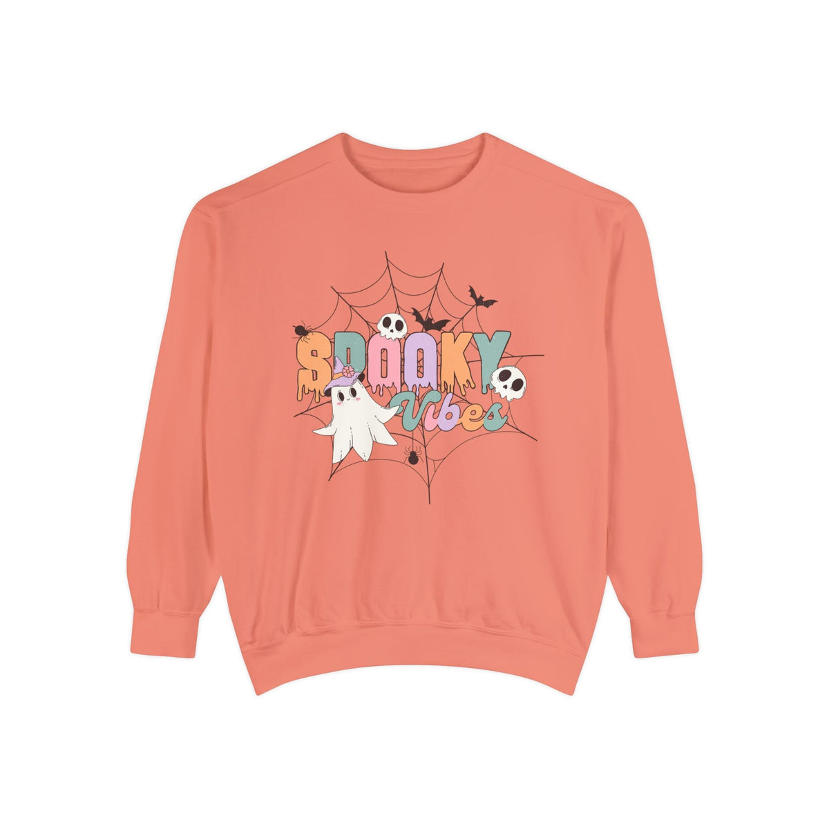 Spooky Vibes Halloween Sweatshirt - Cute Ghost and Skull Web Graphic Sweater