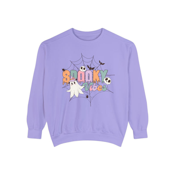 Spooky Vibes Halloween Sweatshirt - Cute Ghost and Skull Web Graphic Sweater