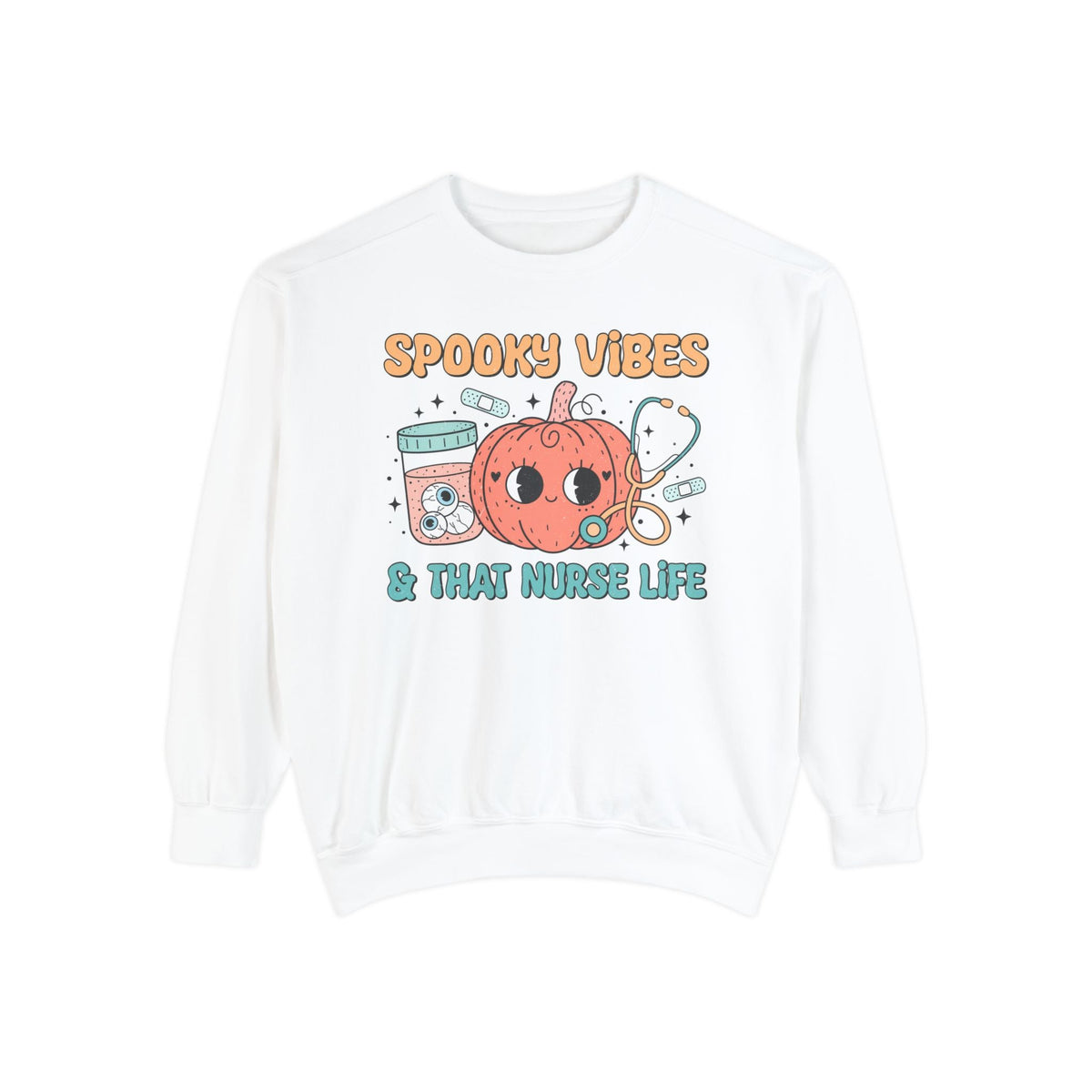 Spooky Vibes & That Nurse Life - Halloween Nurse T-Sweatshirt with Pumpkin and Medical Graphics