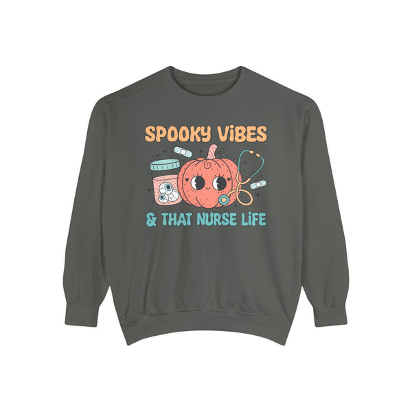 Spooky Vibes & That Nurse Life - Halloween Nurse T-Sweatshirt with Pumpkin and Medical Graphics