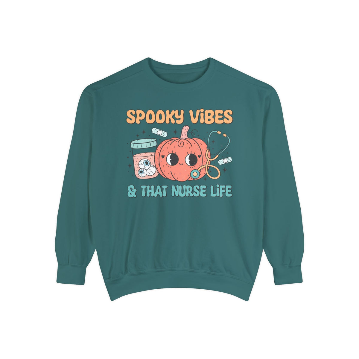 Spooky Vibes & That Nurse Life - Halloween Nurse T-Sweatshirt with Pumpkin and Medical Graphics