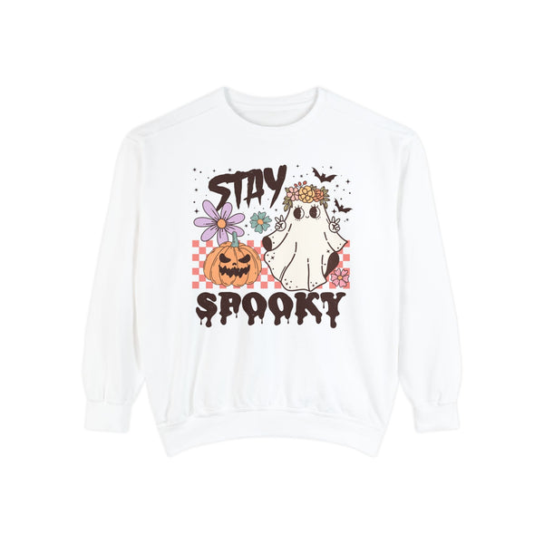 Stay Spooky Halloween Sweatshirt - Floral Ghost and Pumpkin Graphic Sweater