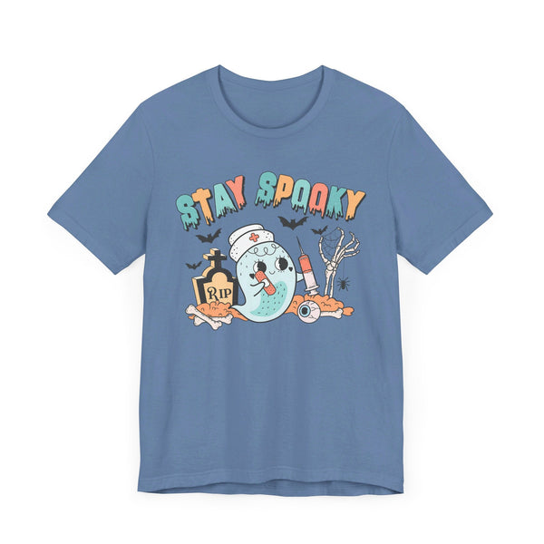 Stay Spooky Nurse Halloween T-Shirt - Ghost and Skeleton Medical Halloween Tee