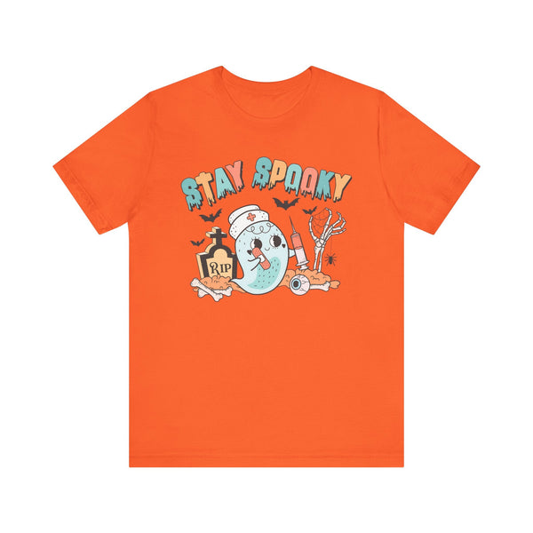 Stay Spooky Nurse Halloween T-Shirt - Ghost and Skeleton Medical Halloween Tee