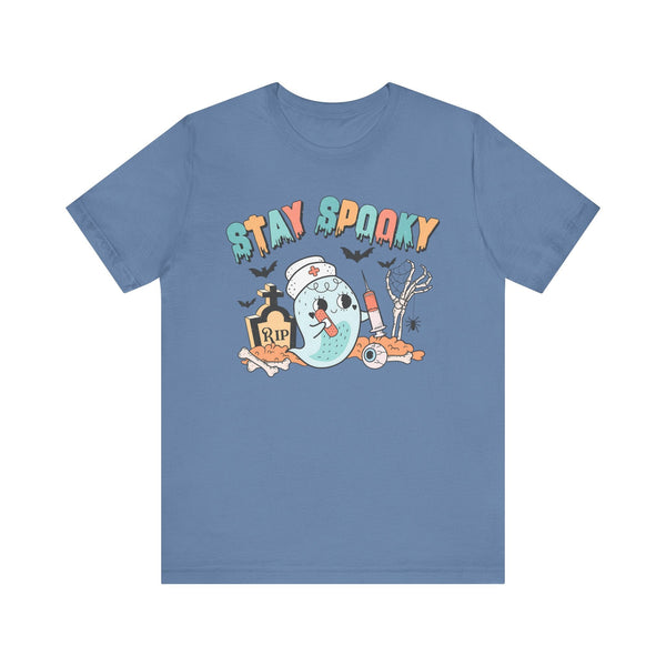 Stay Spooky Nurse Halloween T-Shirt - Ghost and Skeleton Medical Halloween Tee