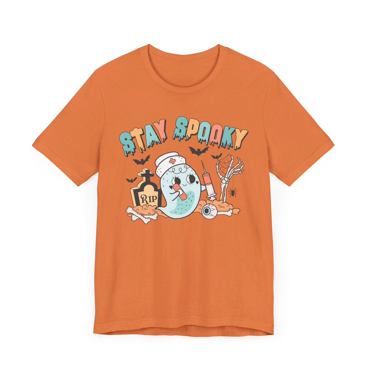 Stay Spooky Nurse Halloween T-Shirt - Ghost and Skeleton Medical Halloween Tee