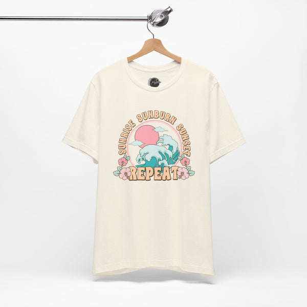 Sunrise Sunburn Sunset Repeat Beach T-Shirt - Coastal Chic Tee | Lake Life Shirt | Summer Graphic Top | Trendy Vacation Wear