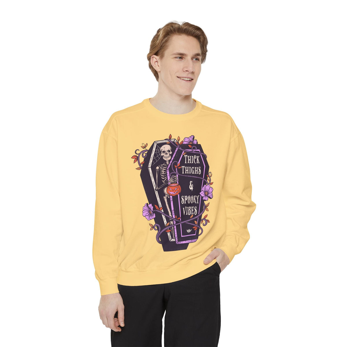 Thick Thighs & Spooky Vibes - Coffin Skeleton Halloween Sweatshirt