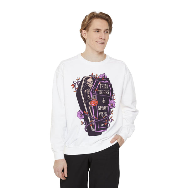 Thick Thighs & Spooky Vibes - Coffin Skeleton Halloween Sweatshirt