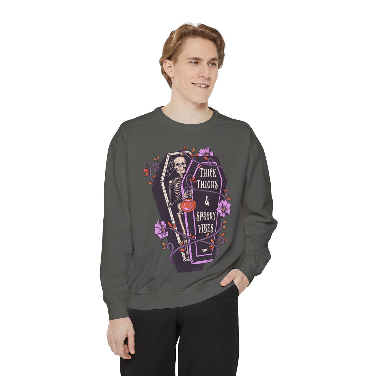 Thick Thighs & Spooky Vibes - Coffin Skeleton Halloween Sweatshirt