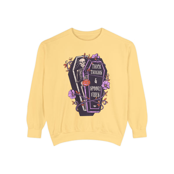 Thick Thighs & Spooky Vibes - Coffin Skeleton Halloween Sweatshirt