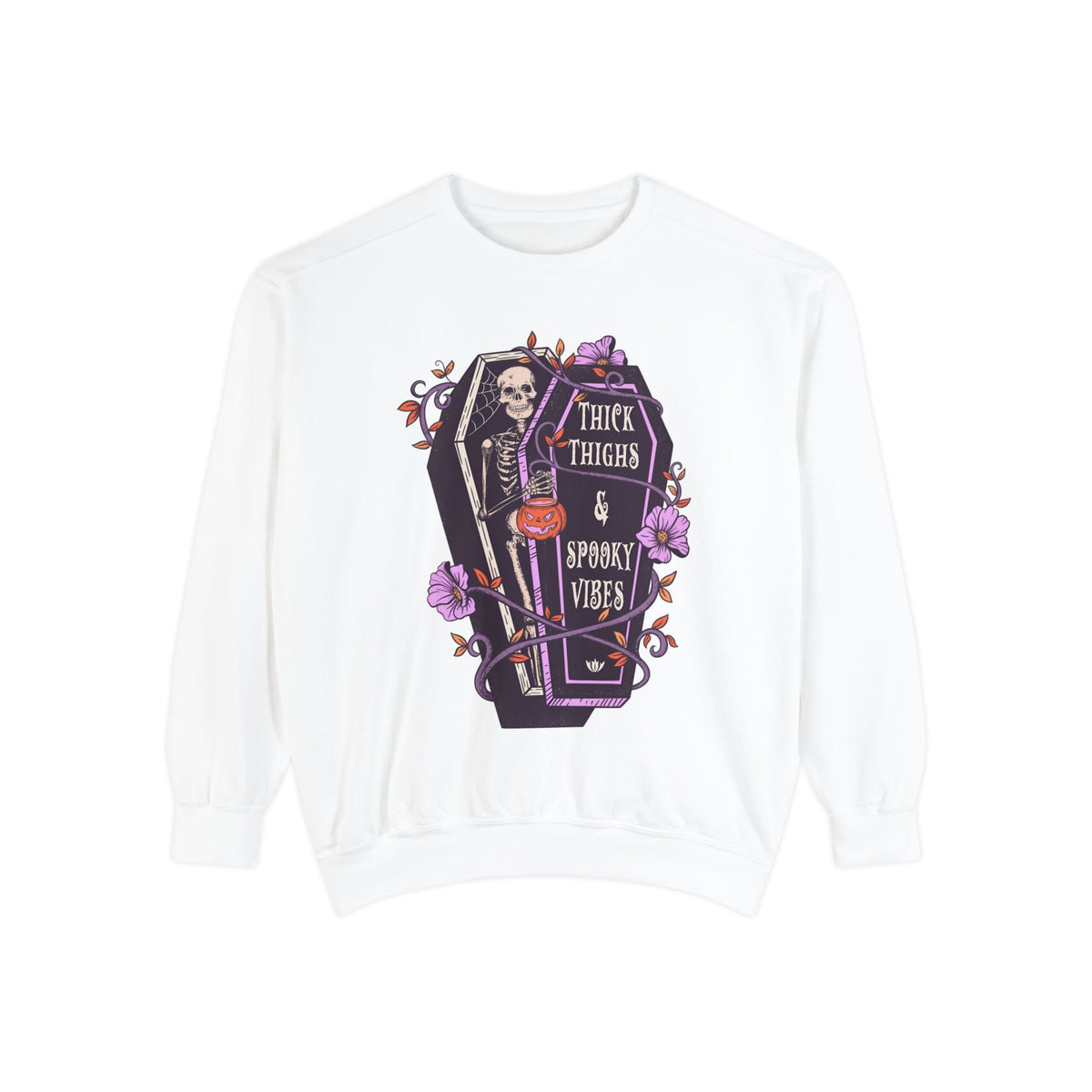 Thick Thighs & Spooky Vibes - Coffin Skeleton Halloween Sweatshirt