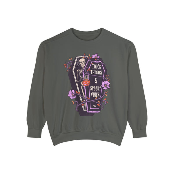 Thick Thighs & Spooky Vibes - Coffin Skeleton Halloween Sweatshirt