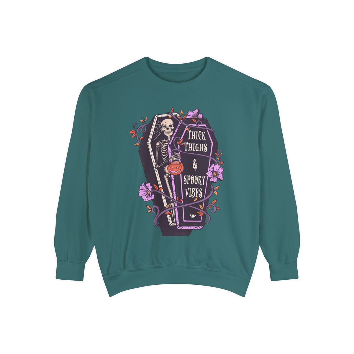 Thick Thighs & Spooky Vibes - Coffin Skeleton Halloween Sweatshirt