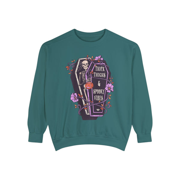 Thick Thighs & Spooky Vibes - Coffin Skeleton Halloween Sweatshirt