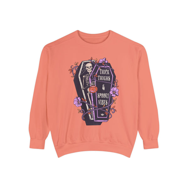 Thick Thighs & Spooky Vibes - Coffin Skeleton Halloween Sweatshirt