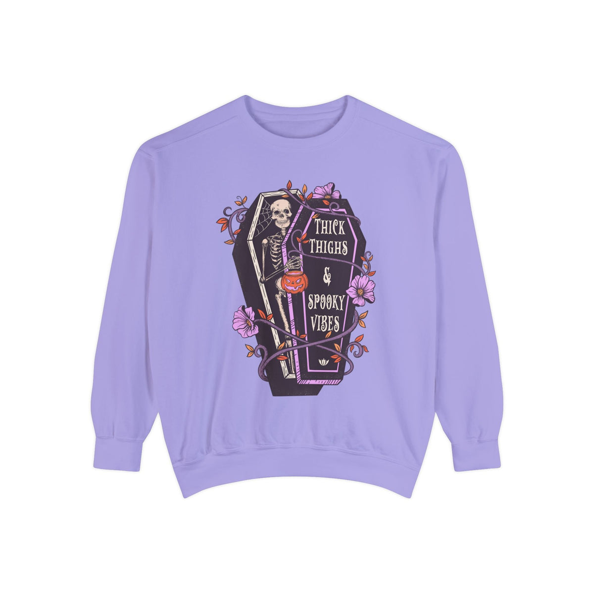 Thick Thighs & Spooky Vibes - Coffin Skeleton Halloween Sweatshirt