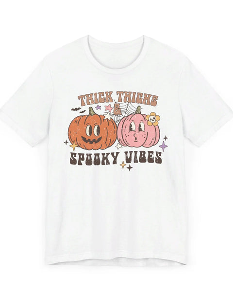 Thick Thighs Spooky Vibes Halloween Shirt Cute Pumpkin Pair Graphic Tee