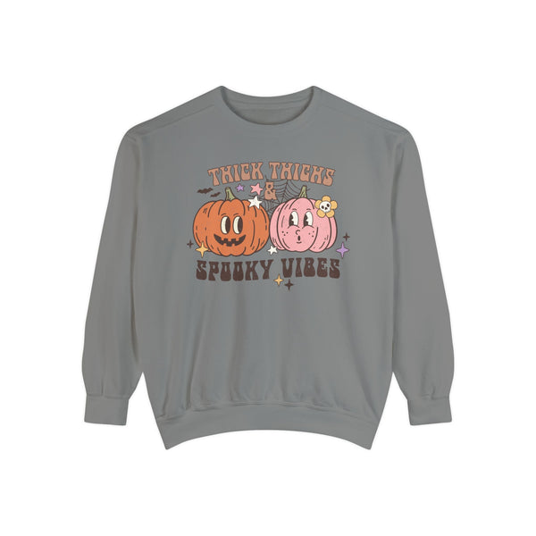 Thick Thighs and Spooky Vibes Halloween Sweatshirt - Cute Pumpkin Pair Graphic Sweater